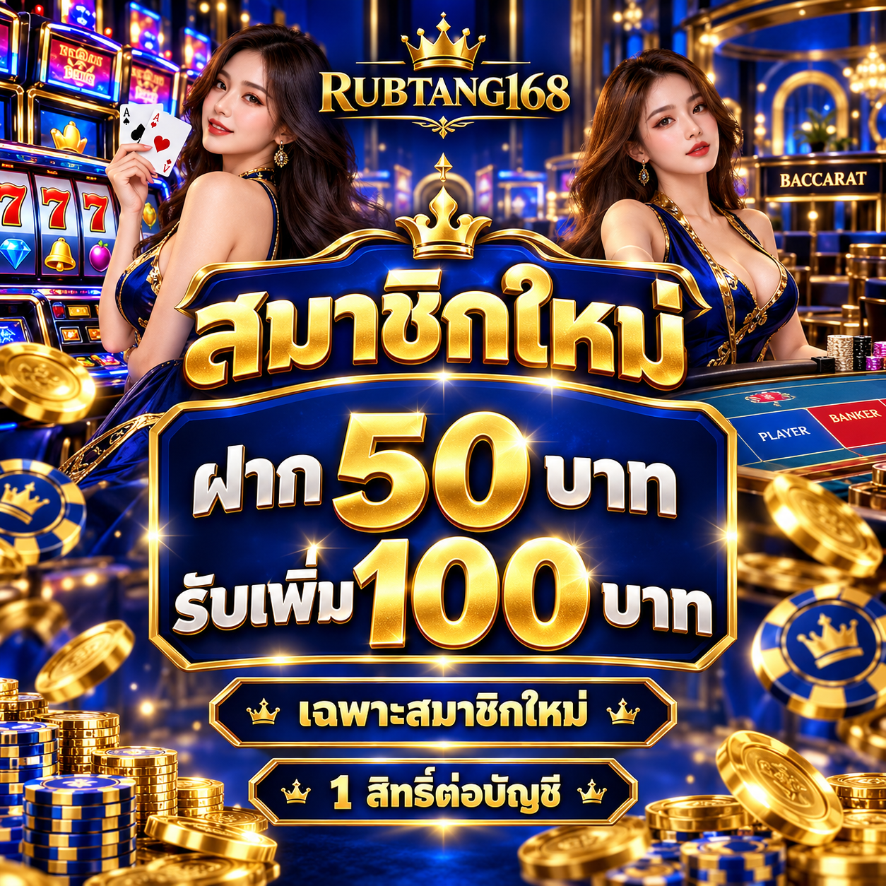 โปรโมชั่นสมาชิกใหม่ฝาก 50 รับเพิ่ม 100 บาท rubtang168
